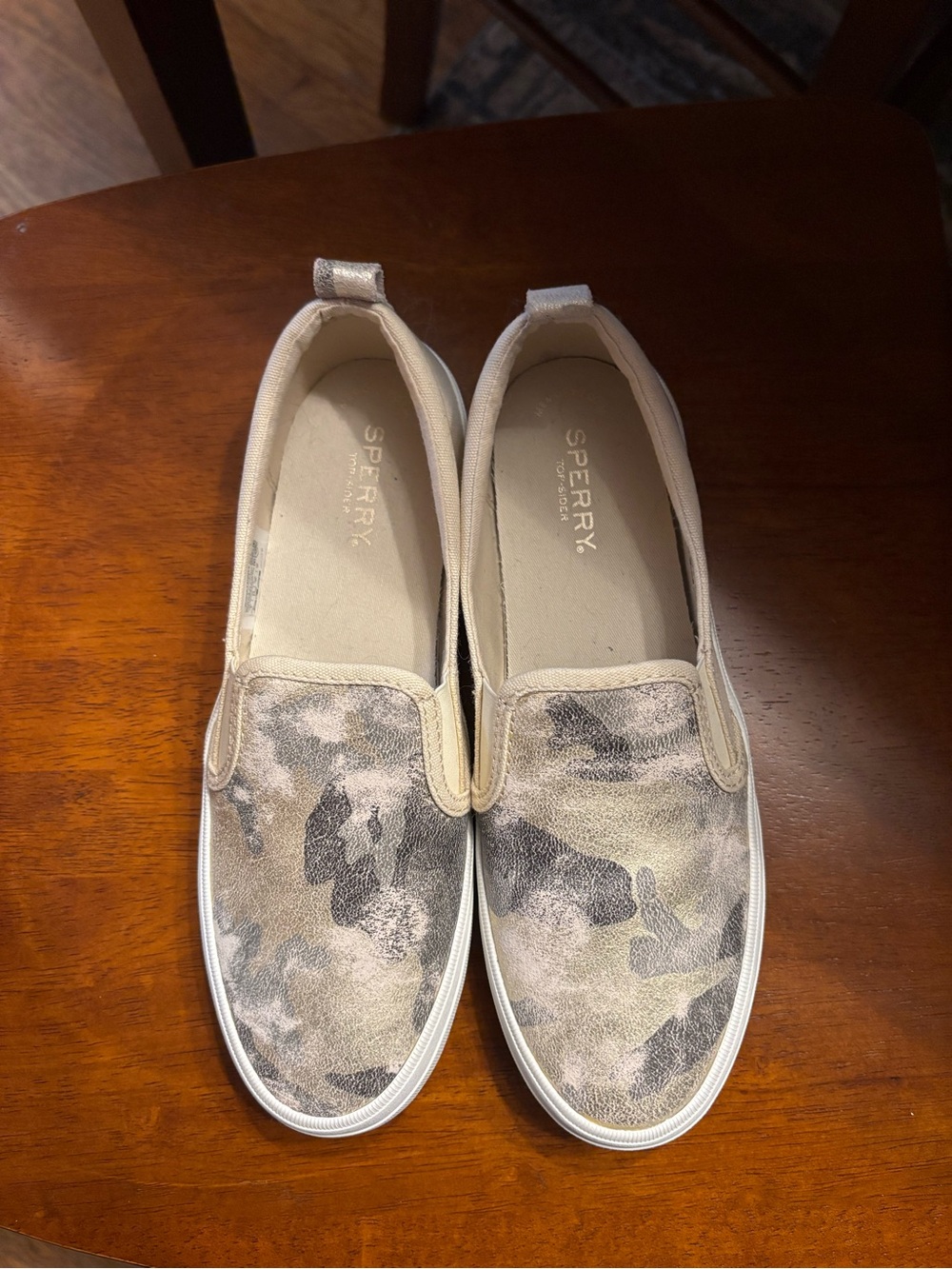 Sperry Slip-On Flats in Tan and Gray Camo
